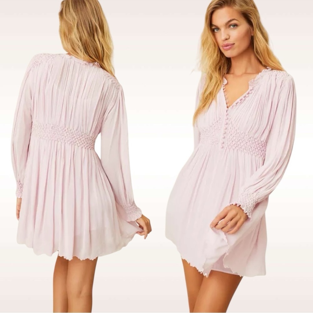 LOVESHACKFANCY Belinda Smocked A-Line Swing Long Sleeve Button-down Mini Dress - Picture 14 of 15